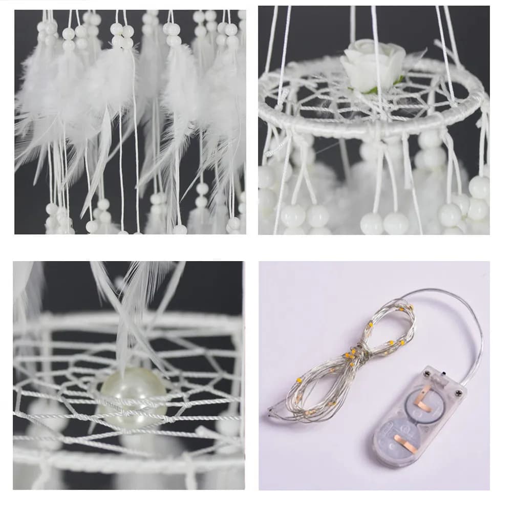 Dream Catcher Hanging Pendant with Soft Light Elegant Feather Pearl Design Wind Chime Decor for Bedroom Living Room Car Party