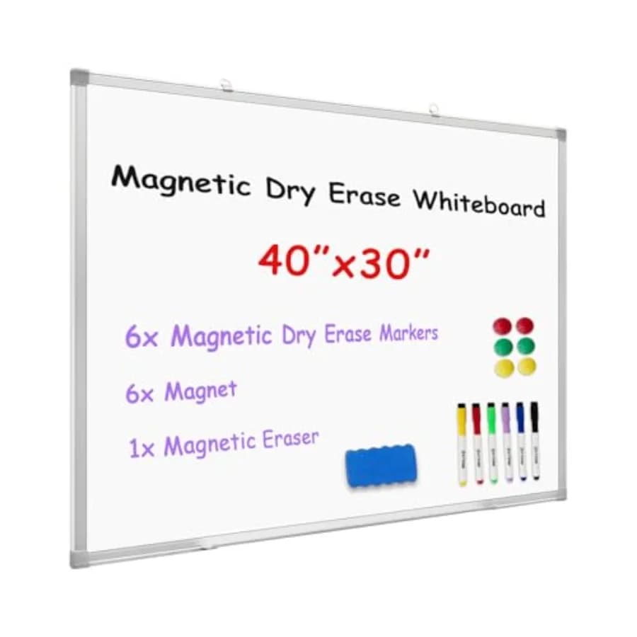 Lavagna Magnetica Cancellabile a Secco 40x30 Pollici - Lavagna Bianca da Parete con Cornice in Alluminio, Vassoio Porta Pennarelli, Pennarello, Magneti e Cancellino