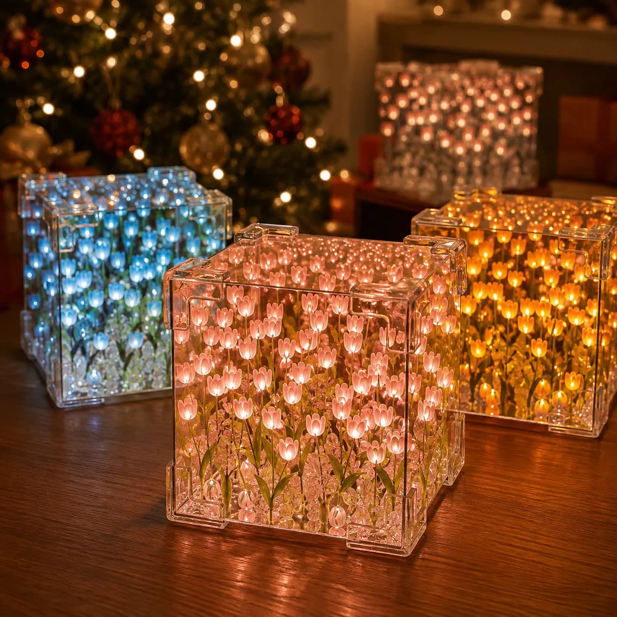 DIY Tulip Flower Cube Night Light Kit Handmade LED Lamp Full Material Package Room Decor Birthday Gift Romantic Table Lamp