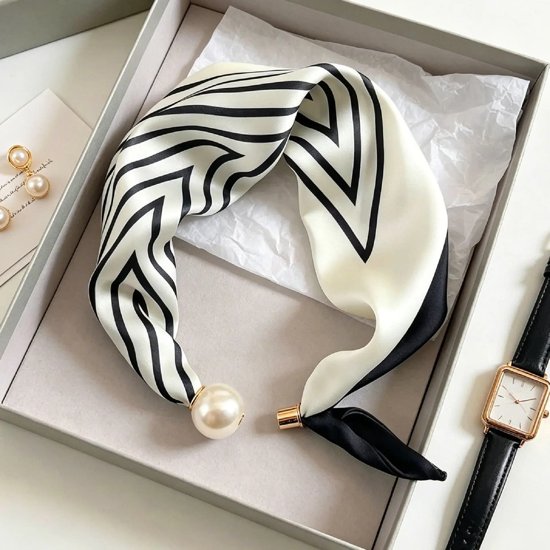 Elegant Chic Pearl Stripe Scarfs Women Fashion Convenient Magnetic Buckle Scarf Pearl Tail Artistic Accessory Neck Wrap Scarves