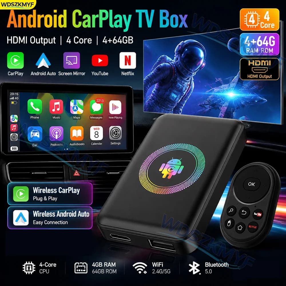 2026 4+64G Android Wireless CarPlay Ai Box Smart Plug & Play 5 in 1 Android Auto HDMI Port Car Tv Box per YouTube Netflix