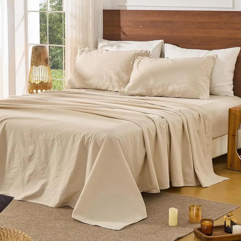 Set di Lenzuola in Lino Queen Size - Traspiranti, Rinfrescanti, Durevoli, Assorbenti - Set da 4 Pezzi con Tasca Profonda 16 Pollici