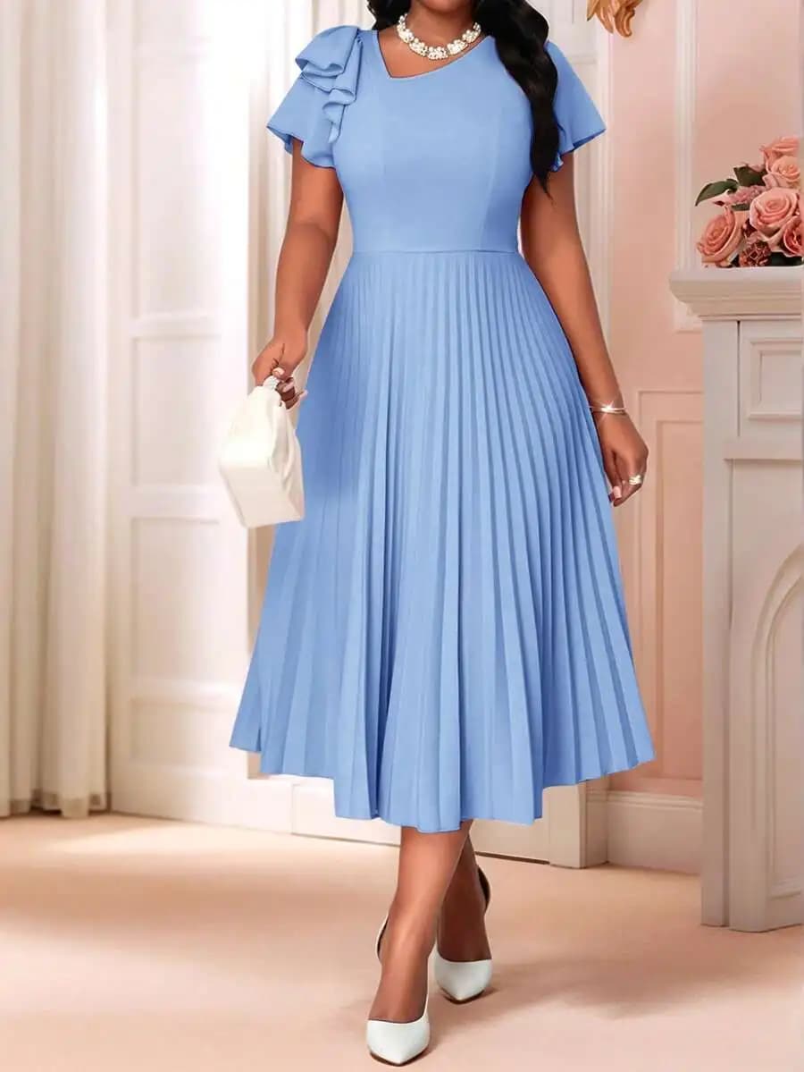 Elegante Abito Midi Plissettato con Maniche a Volant e Collo Tondo, Vestito Estivo Casual da Donna