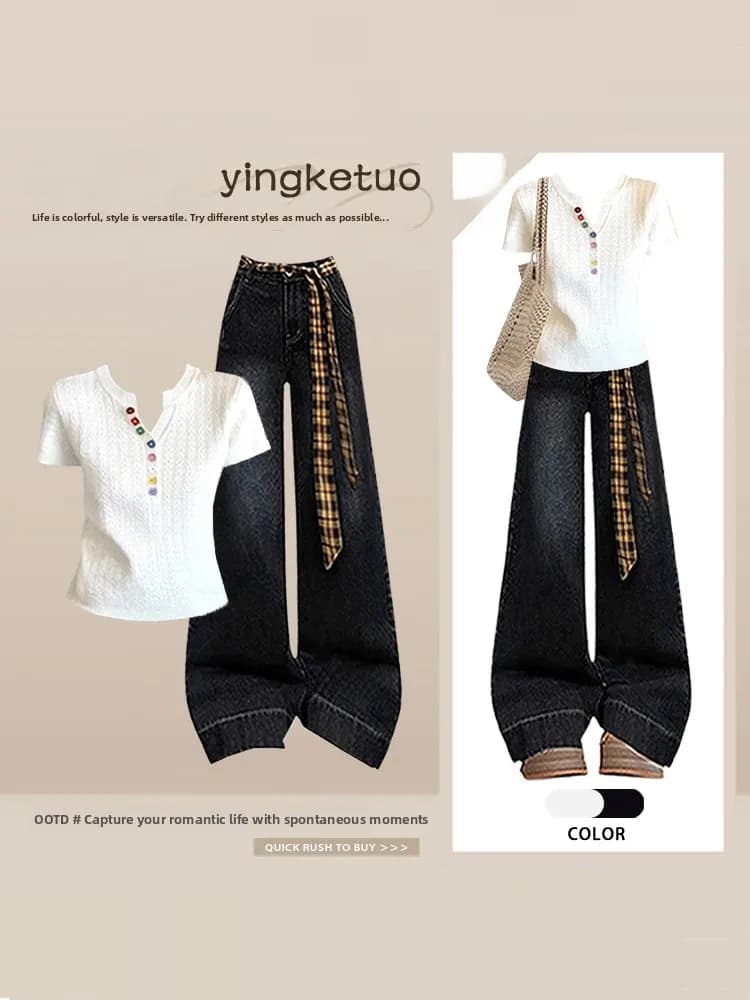 Summer Slim Fit V-Neck Short Sleeve T-Shirt Women's Wide Leg Jeans Two-Piece Set Fashionable Personality Two-Piece Outfit