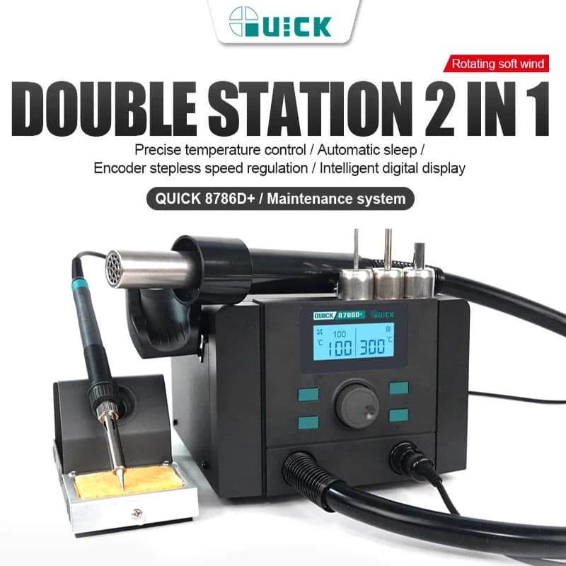 QUICK 8786D+ Hot Air Gun Lead-Free Heating Soldering Station Rework Station+Nozzle For CPU Motherboard Mobile Phone Repair Tool