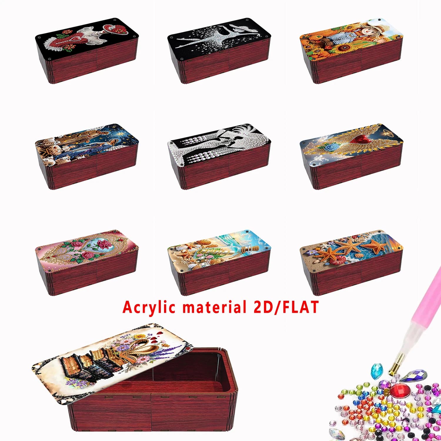Red rectangular desk box set with diamond painting, with a creative floral landscape design, desk holders