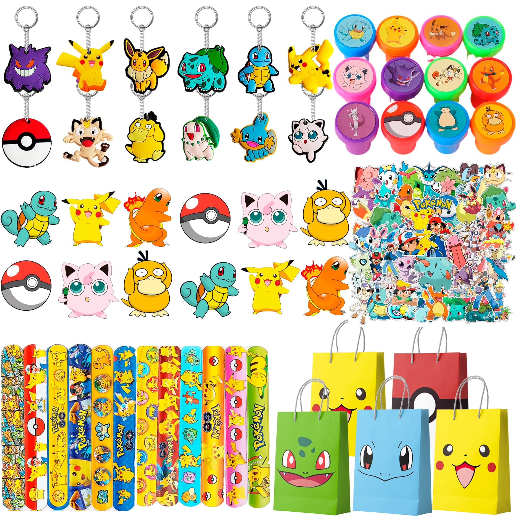 Bomboniere per feste di compleanno Pokemon per bambini, 110 pezzi di forniture per feste Pokemon-Borse per sacchetti di regali Pikachu, adesivi ecc. Bomboniere Pokemon