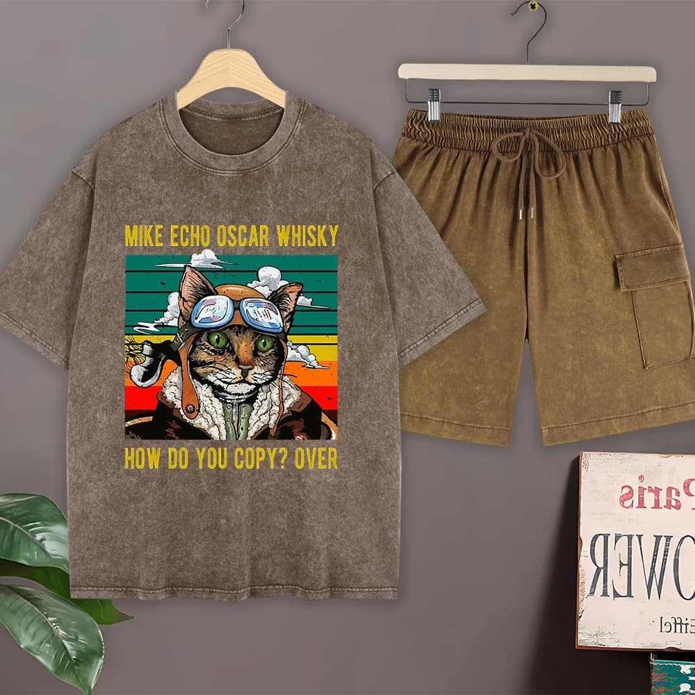 T-Shirt Set in Cotton Washed with Oscar Whisky Printing, Men's Casual Oversize T-Shirts, Cargo Shorts, Short Sleeves Court with Round Neck, Summer Clothing