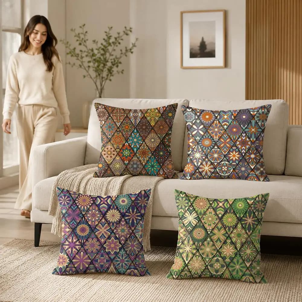 Floral and Mandala Elements Cushion Cover Soft Short Plush Pillow Case Double Sided Print Washable Sofa Home Decor Gift
