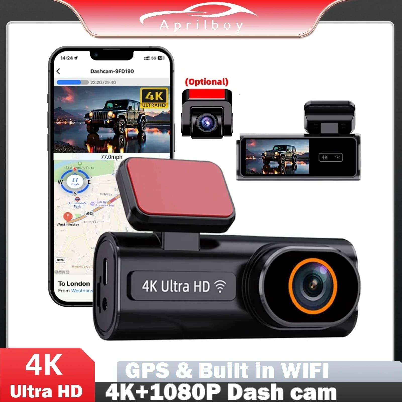 Aprilboy Dash Cam 4K UHD Car Camera Built-in 5.8Ghz WiFi APP Control Dual Lens Black Box Camera Super Night Vision