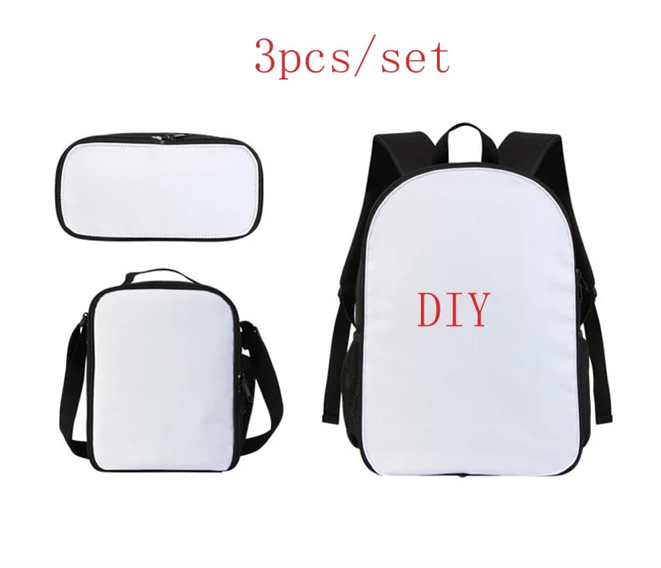 Sublimation DIY White Blank Polyester 3pcs/Set Printing Backpacks Schoolbag Fashion Kids Lovely Lunch Bag For Children