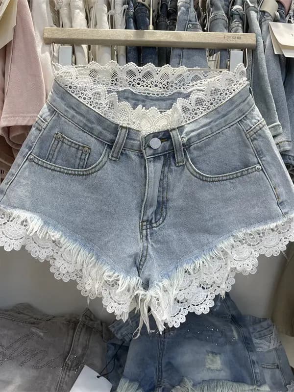 Light Blue High Waist Short Jeans Women Summer New Style Lace Splicing Thin Hot Pants Korean Style Commute Hollow out Splicing