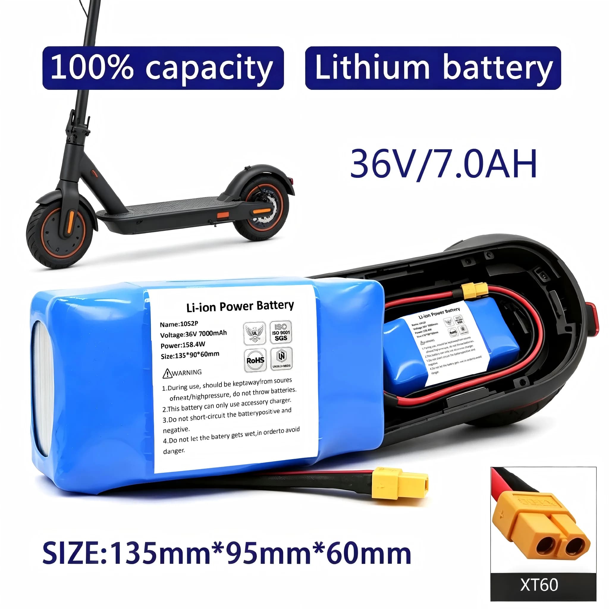 Batteria agli ioni di litio da 36V 4400mAh per monopattino autobilanciante, hoverboard, monociclo elettrico con connettore XT60 - Ricambio