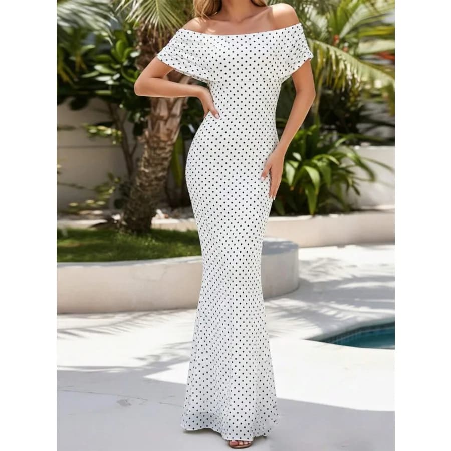 【Nuovo stile】Abito lungo da donna con stampa a pois, vestito slim aderente con spalle scoperte e maniche corte arricciate, per serate in discoteca