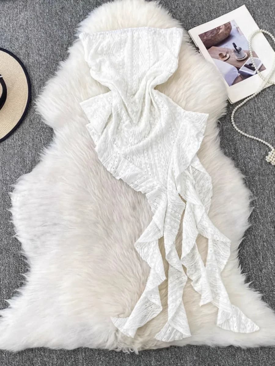 Foamlina Y2K Abito da ragazza sexy in pizzo con spalle scoperte e top a tubo Nuovo mini abito slim fit con streamer irregolare da donna