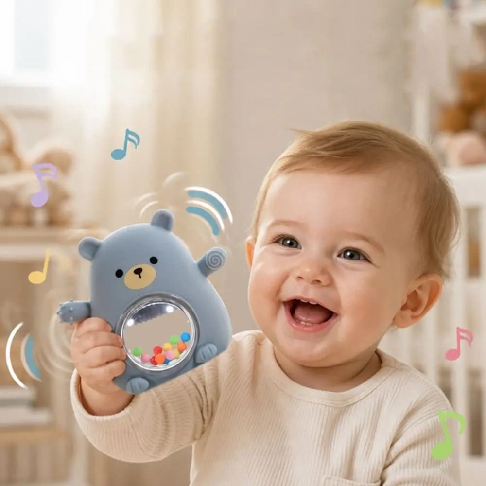 Portable Cute Bear Shape Baby Silicone Teether Food Grade Anti Slip Teething Mitten Grabable Soft Baby Rattle Toy Infant Play
