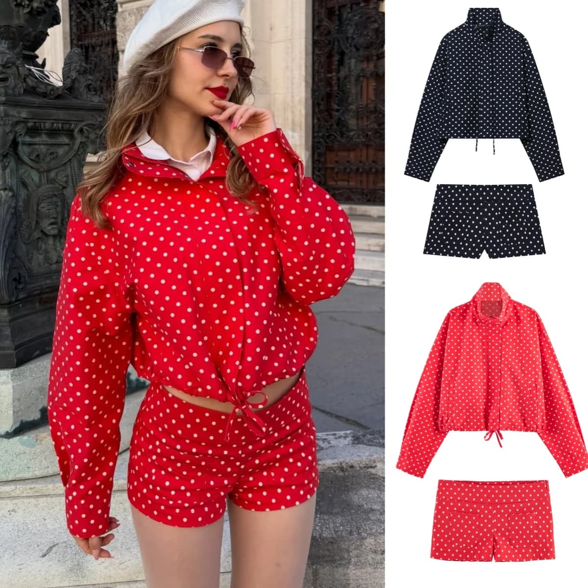Completo Casual BSAY 2 Pezzi: Tuta Estiva 2026 da Donna con Giacca Larga a Collo Alto a Pois con Zip o Eleganti Shorts Femminili
