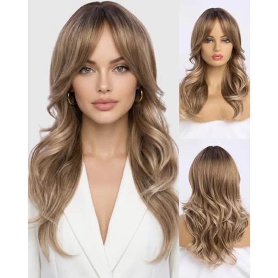 Ombre Blonde Wavy Wig with Curtain Bangs Long Layered Synthetic Dark Blond Hair Wig for Women, Natural Looking Dark Root Heat R