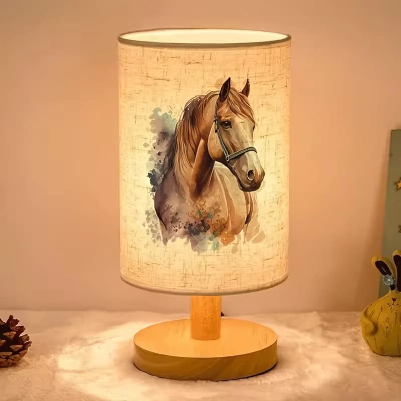 Wood Base Cylindrical Table Lamp With Horse Pattern Print, Warm Soft Bedside Desk Night Light For Bedroom Home Decor