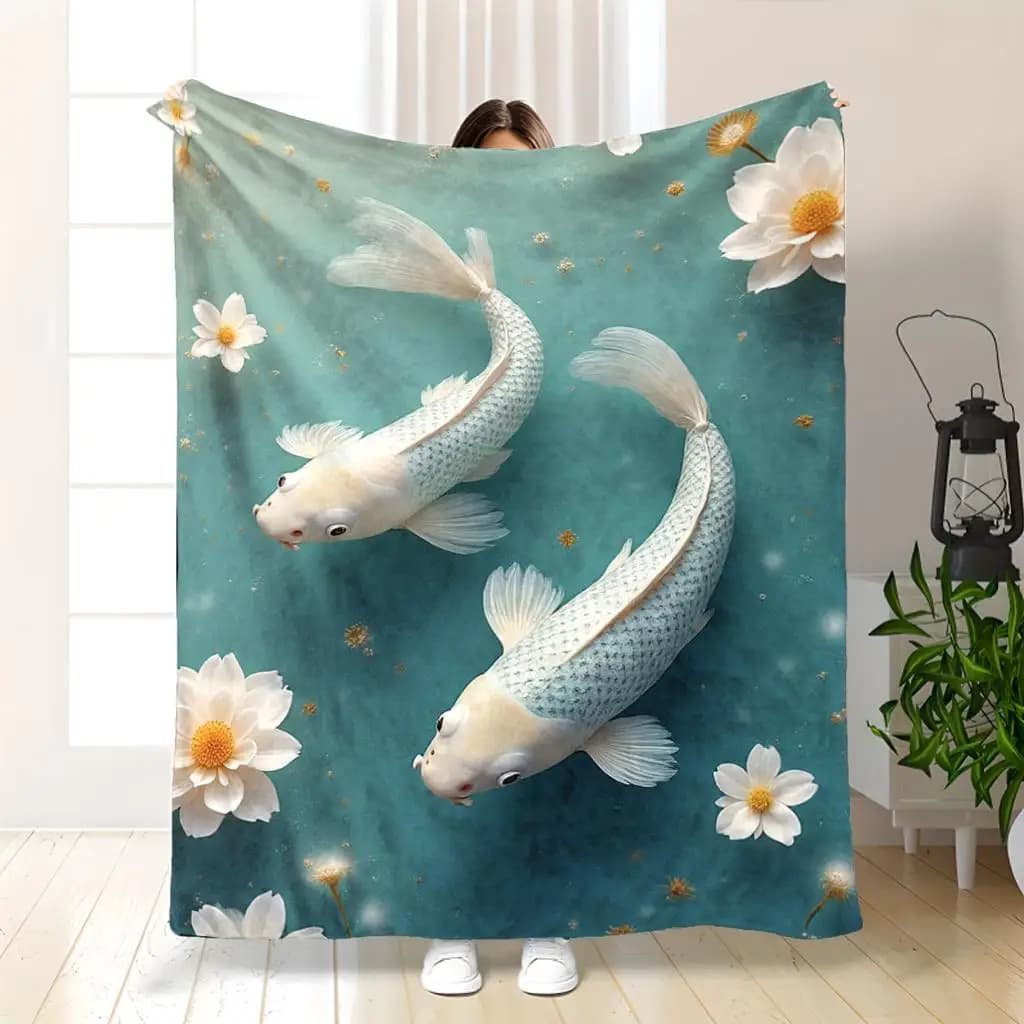Quiet Goldfish Pond Design Flannel printed blanket suitable for all seasons suitable for living room office sofa and travel