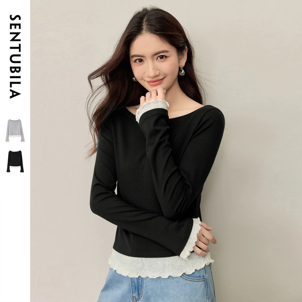 SENTUBILA Abbigliamento Donna Top in Maglia con Inserti in Pizzo Autunno Inverno 2026 Elegante Pullover con Scollo a Barca per il Lavoro 161SH6497X