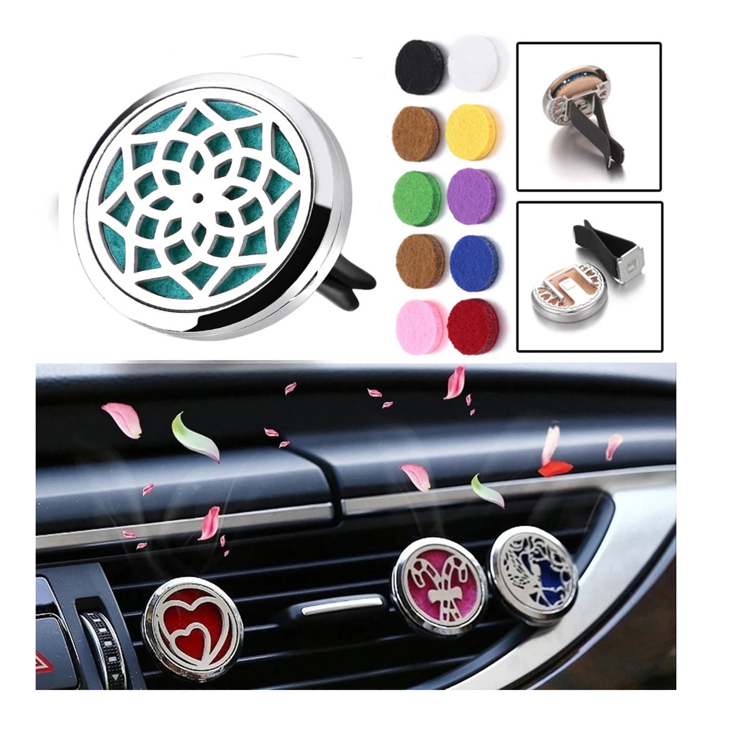 Car Diffuser Smooth Clip Oil Diffuser for Car Flavor 30mm Stainless Steel Car Deodorant Box with 10 felt supplement bearings,