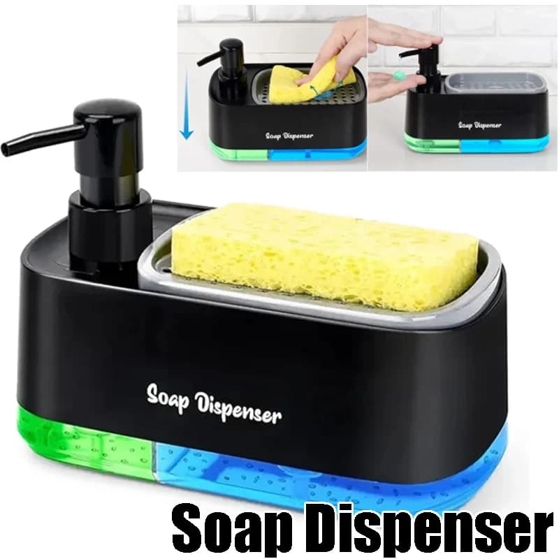 Set Dispenser Double Pump 3-in-1, Kitchen Organizer with Sponge Box for Washer and Worktop, Compact Cleaning Solution