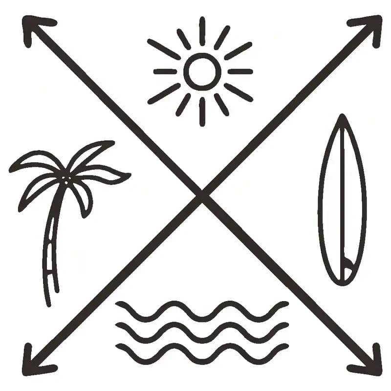 2D Flat Stickers Featuring Tropical Surfing with Cross Arrows for Cars - Designs of Surfboards, Ocean Waves, And Palm Trees - Su