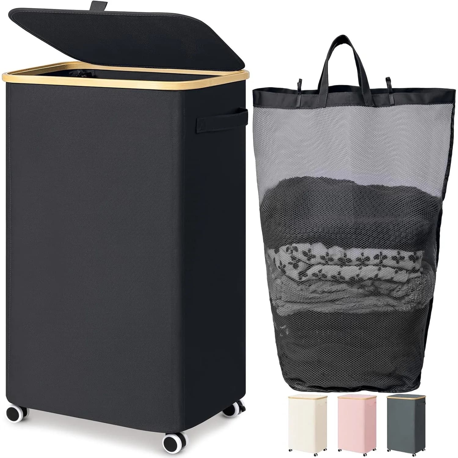 100L Rolling Laundry Hamper with Wheels and Lid, Large Clothes Basket with Removable Wash Bag for Bedroom Bathroom