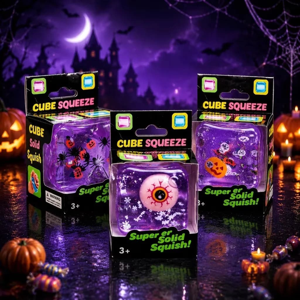 Halloween Surprise Cube Squeeze Fidget Toy Solid Squish Squeeze Toy with Hidden Halloween Mini Figures Anti-Stress Sensory Toy