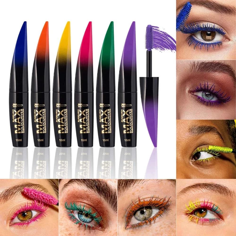 Mascara a pennello grande colorato a 6 colori Mascara riccio spesso, facile da colorare, impermeabile, resistente e portatile