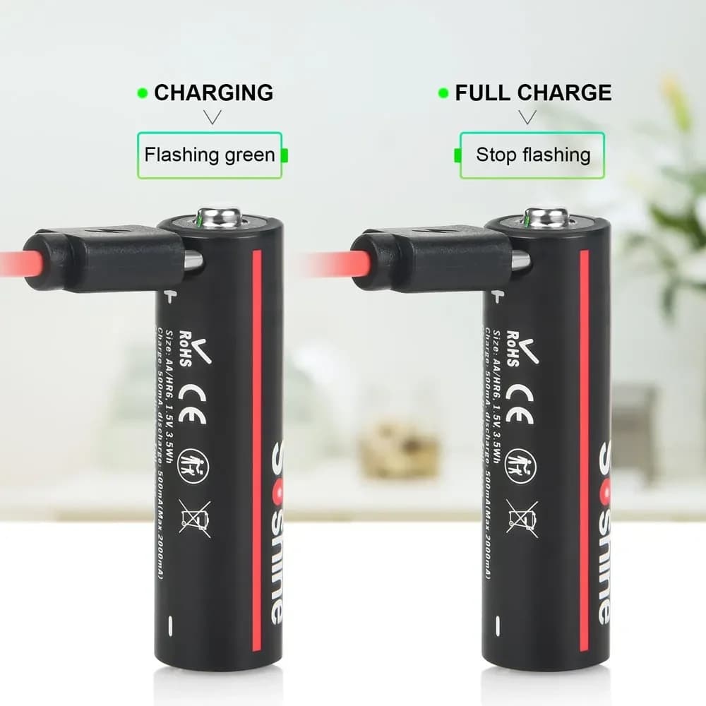 Soshine 50 Batterie Ricaricabili AA 1.5V USB 3500mWh al Litio con Cavo USB 4-in-1 per Rilevatori di Fumo e Console di Gioco