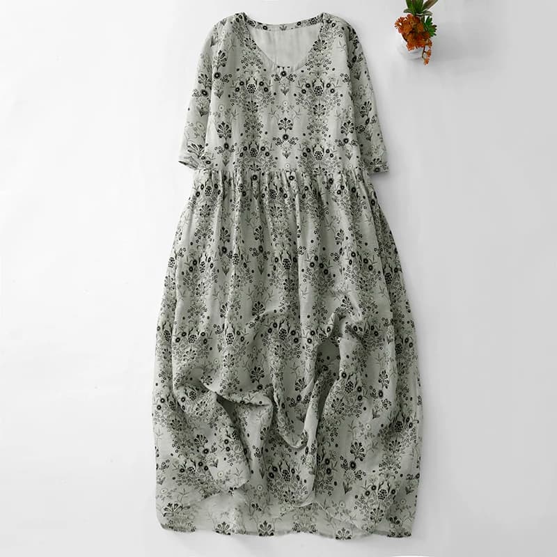 Elegante Abito Midi con Stampa Floreale e Collo Rotondo, Gonna a Linea A Snellente, in Misto Cotone, Comodo Stile per il Lavoro, Nuovo Arrivo Estivo