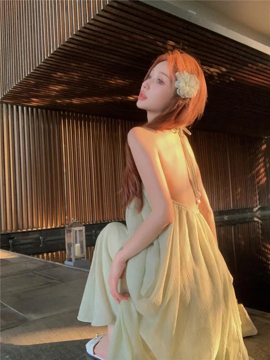Abito Estivo Sexy Senza Spalline e Senza Schienale da Donna, Vestito Lungo Svasato Verde Senza Maniche a Vita Alta, Stile Coreano per Vacanze e Lavoro