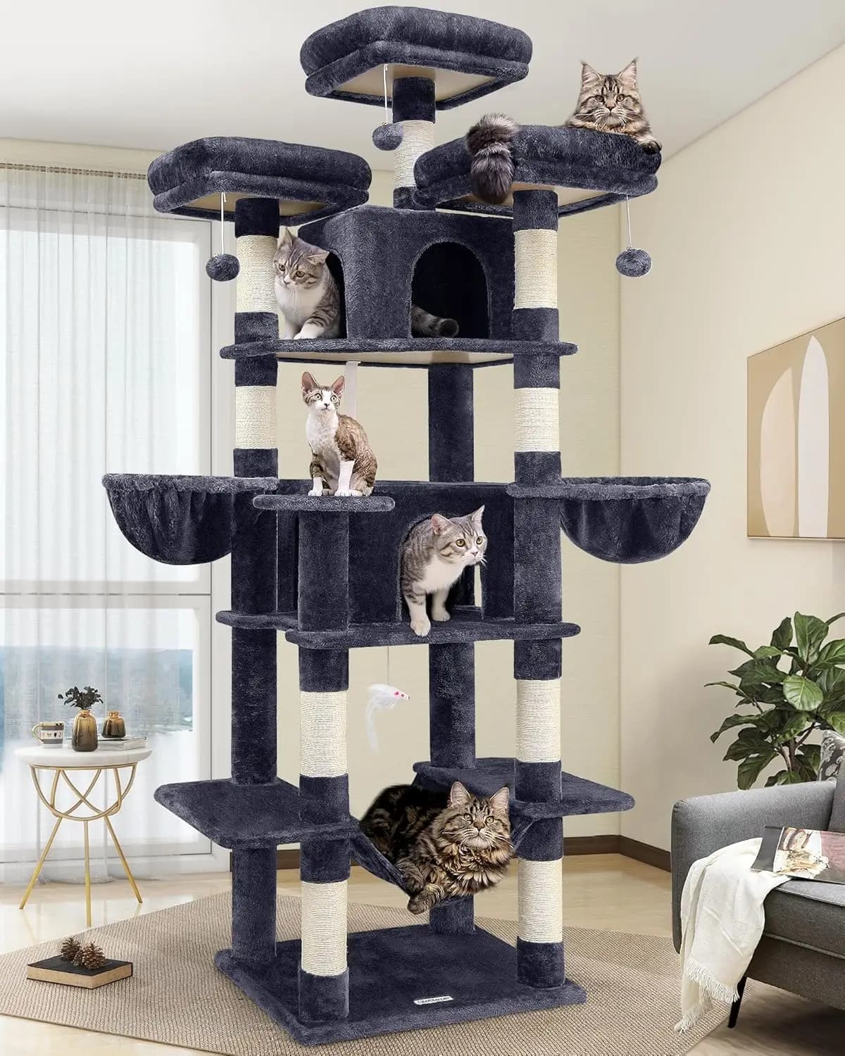 Albero per Gatti XXL da 80 Pollici per Gatti Adulti Multipli con Tiragraffi, Amaca, 3 Posti, 2 Cucce, Cesto Sospeso in Grigio Scuro