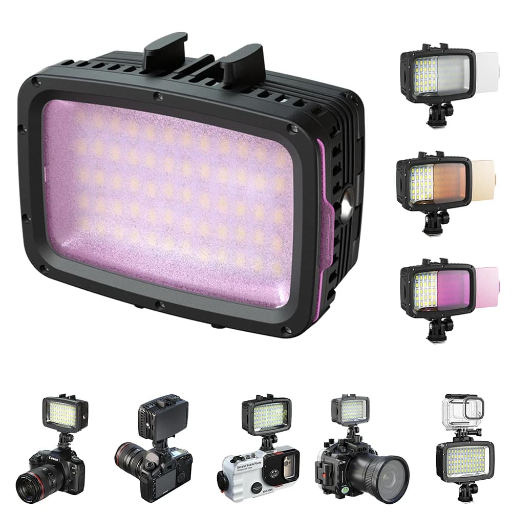 Underwater photography accessories, waterproof up to 40 meters, 1800 lumens with 3 colors soft light cover, 5500-6000K photo lighting
