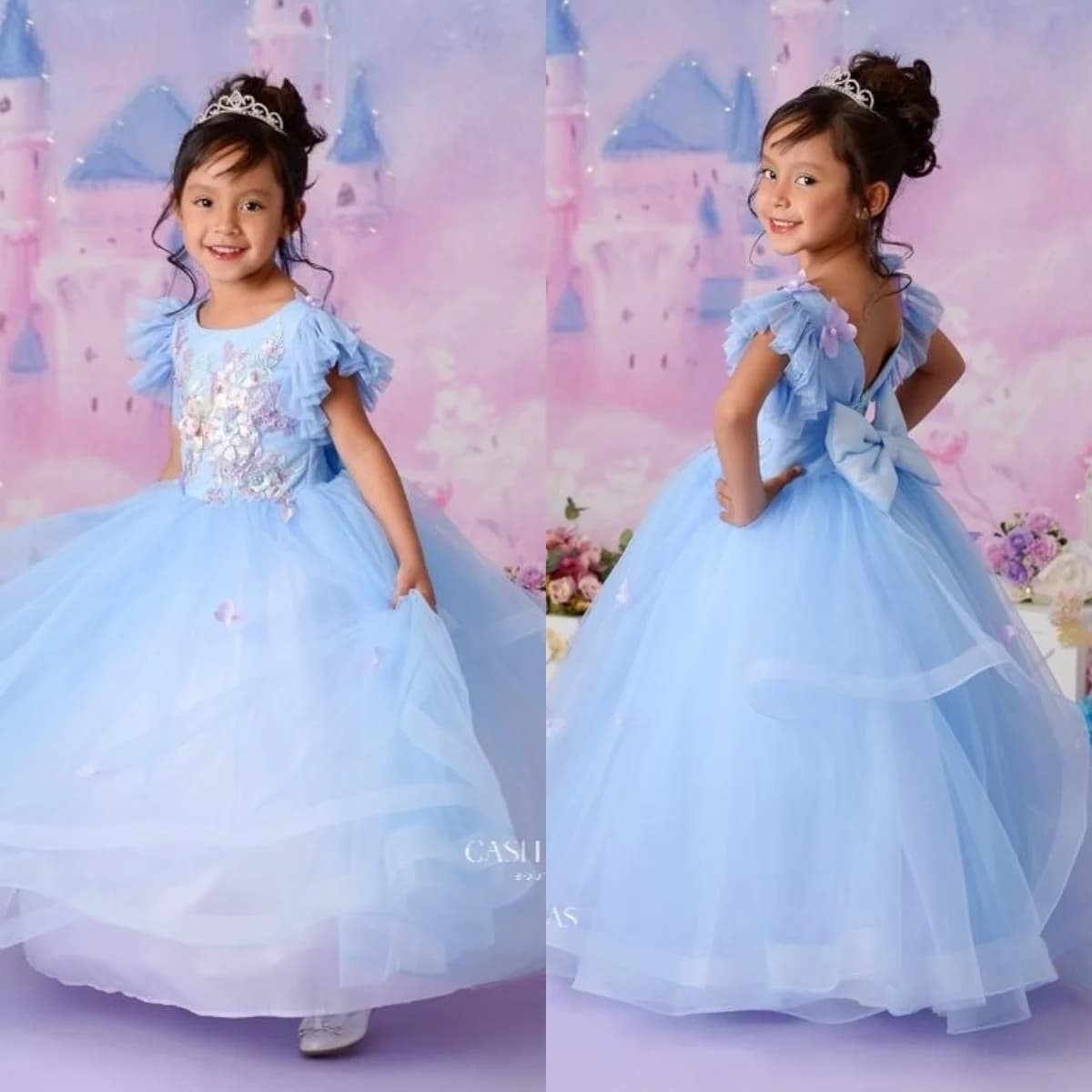 Abiti da ragazza di fiore blu principessa Abito da ballo Piccolo bambino Toddle Girl Abiti da ballo di compleanno per spettacoli di Natale Abito da battesimo