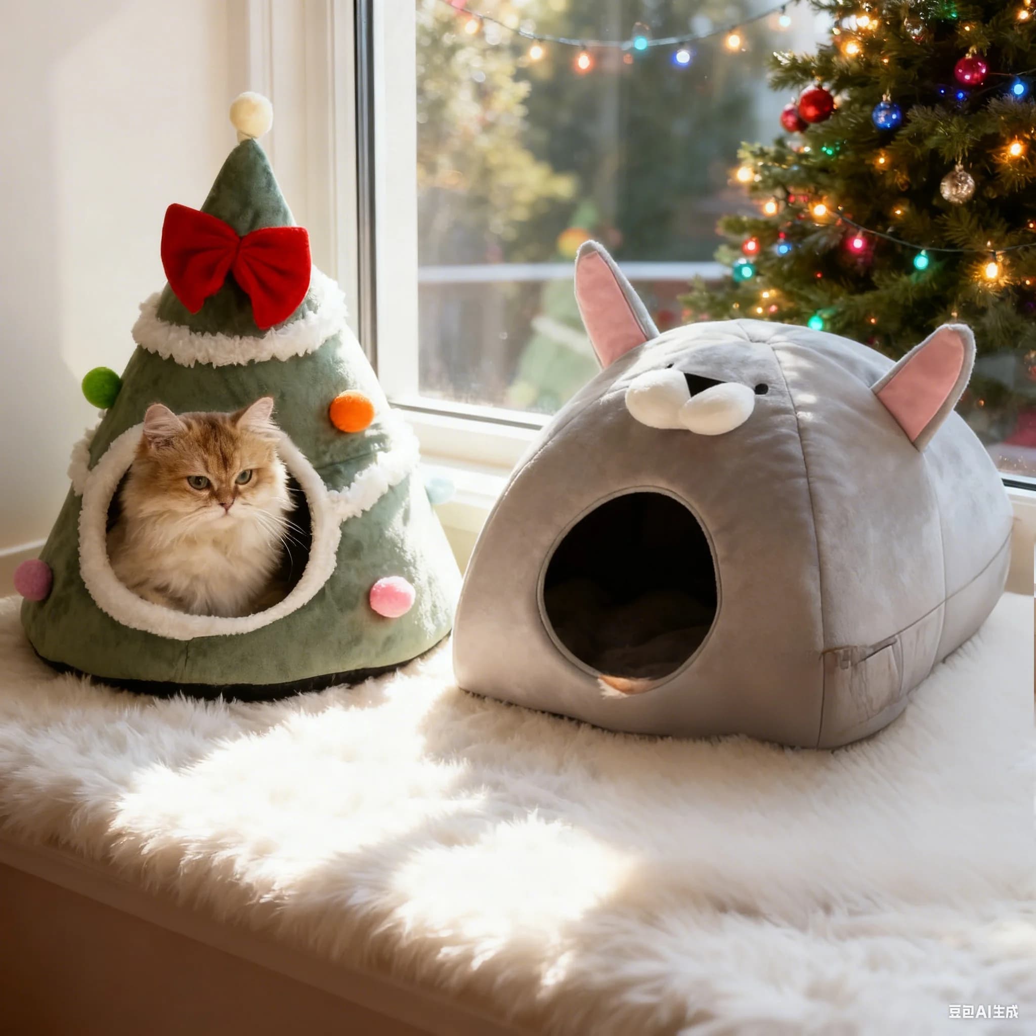 1PC Albero di Natale Letto per gatti-Peluche Calda Tenda per gatti per interni con cuscino rimovibile, Mobili decorativi per animali domestici, Mobili per animali domestici in peluche
