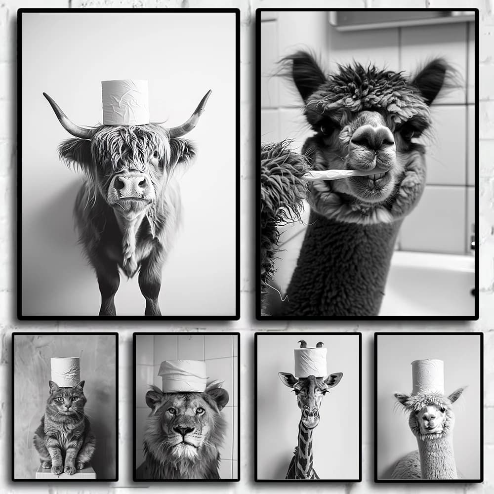 Animali divertenti in bianco e nero che spazzano i denti Poster del bagno Stampe Immagine Pittura su tela Decorazione di arte della parete WC Carta igienica murale
