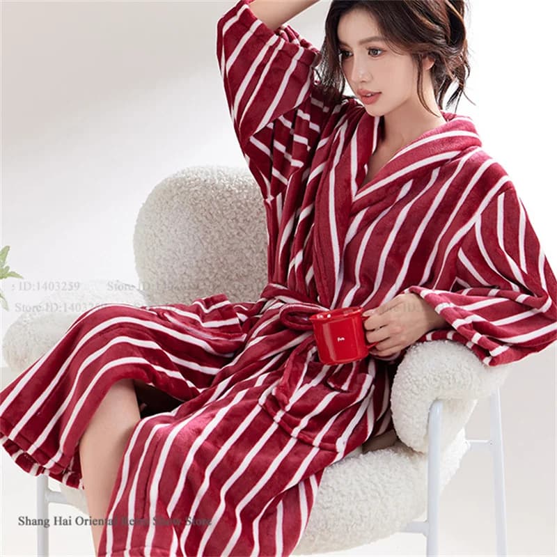 Thicken Flannel Long Robe Women's Sleepwear Burgundy Stripe Coral Fleece Bathrobe Kimono Gown Home Clothes Winter Autumn Pajama