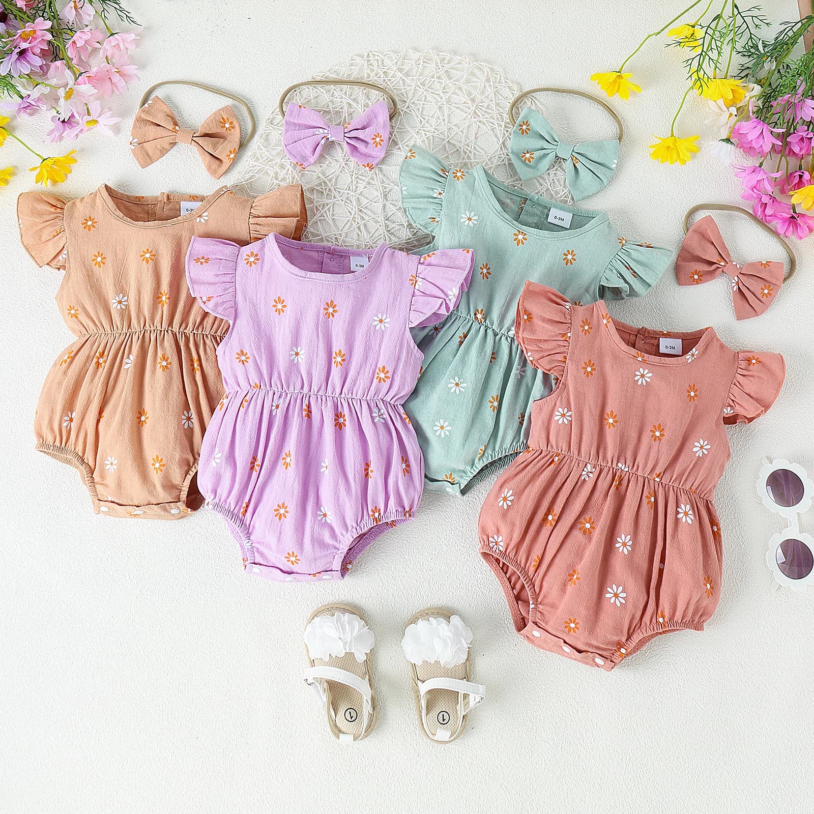2 pezzi estate 0-2 anni moda comoda bambina carina tuta floreale stampata multicolore + testa con fiocco stimata