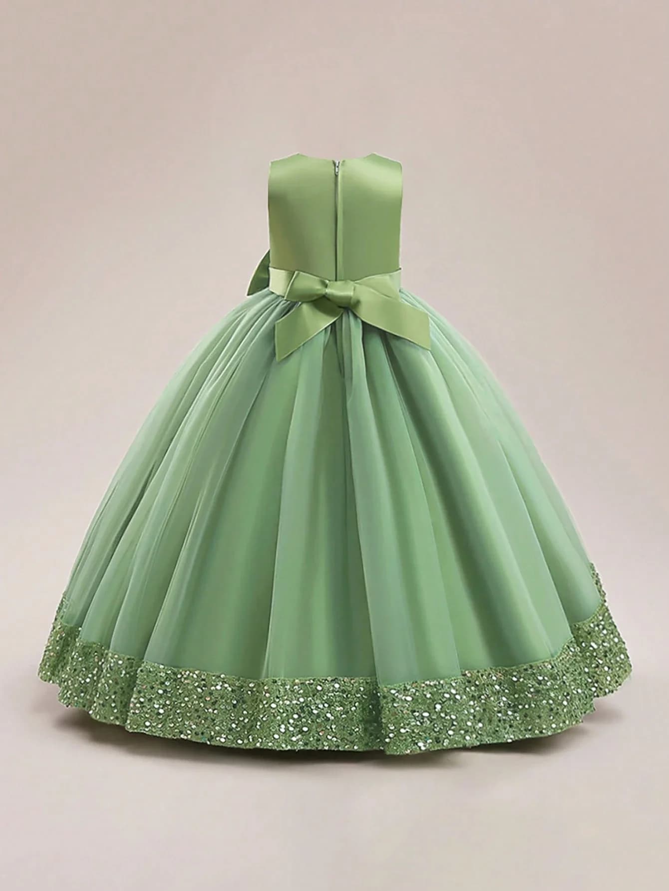 Mint Green Sequin Bow Front Mesh Hem Party Dress For Women