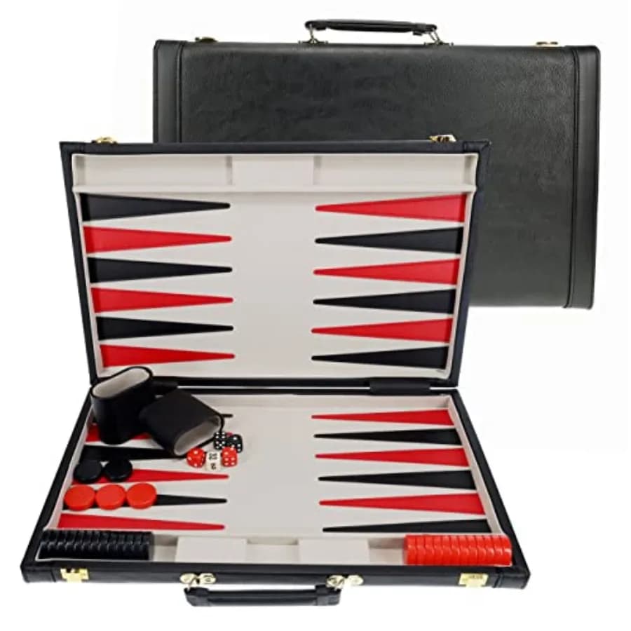 Set Backgammon con elegante custodia in similpelle nera 21 x 12,5 pollici. Chiuso; 25 x 21 pollici. Aperto Ideale per le notti di giochi di famiglia Bo per adulti