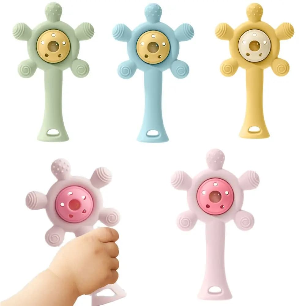 Silicone Kids Teether Toy Developmental Soft Teething Ring Sensory Toys Infant Grab Shake Wheels Shape Baby Rattle Toy