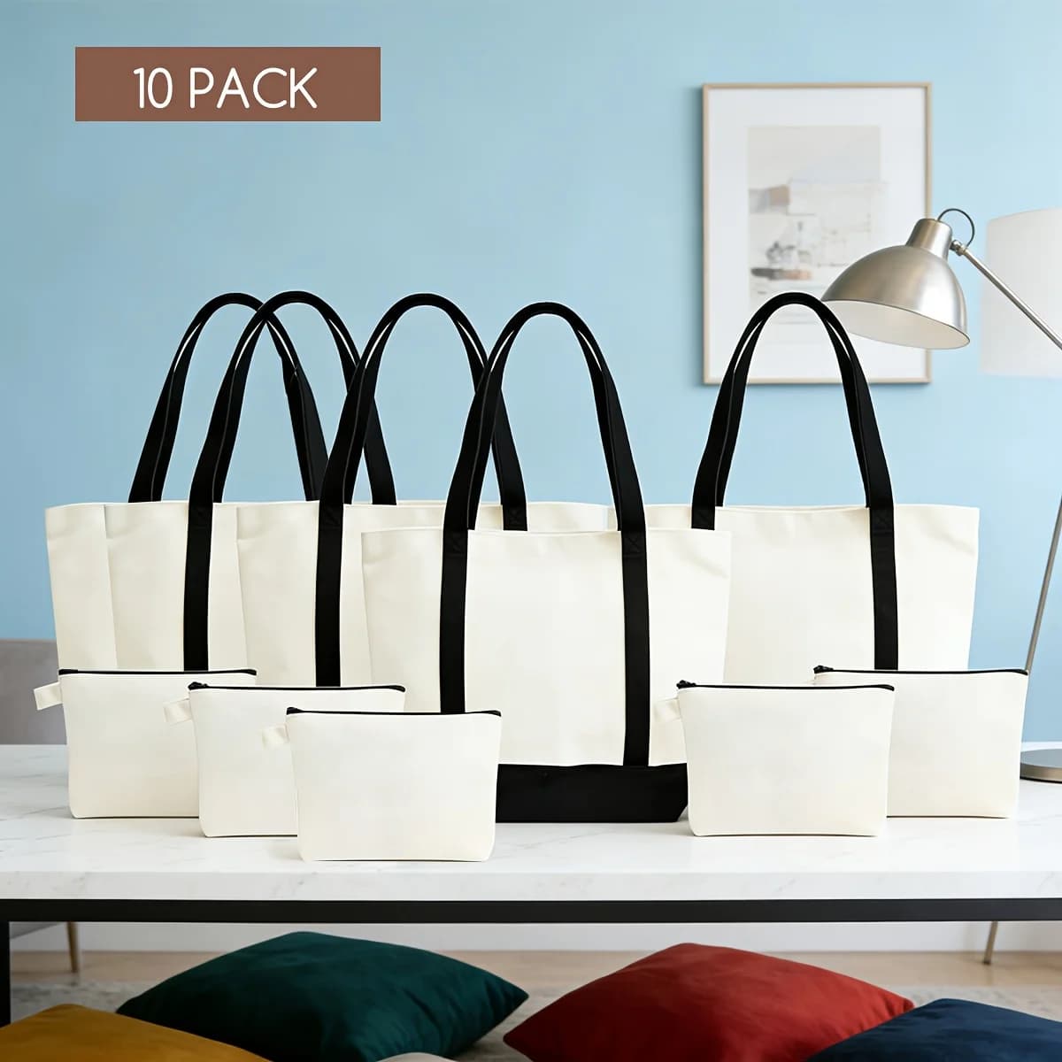 10pcs Canvas Tote Bag, 16.5 X 13.7 " Canvas Bag with Zipper Cosmetic Pouch, Sublimation Reusable Grocery Shopping Bag with Handle for DIY Craft