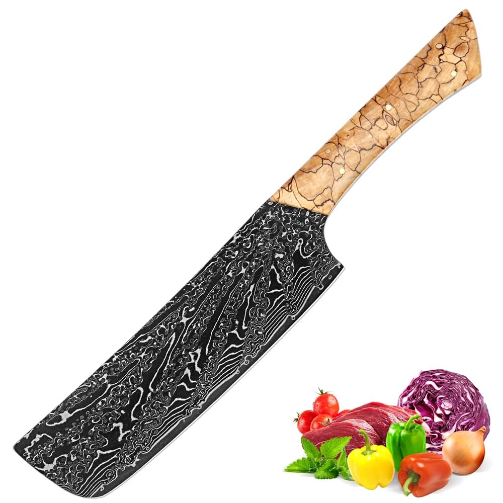 Coltello Nakiri 7 Pollici, Coltello da Cucina Giapponese, Lama Intera Affilata in Acciaio Damasco a 67 Strati, Coltello da Chef, Coltello per Verdure con Manico in Legno Intrecciato