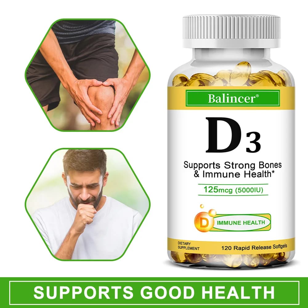 Capsule di vitamina D3 5000 UI, integratore nutrizionale quotidiano biologico, favorisce l'equilibrio immunitario, la salute delle ossa, dei denti e della funzione muscolare