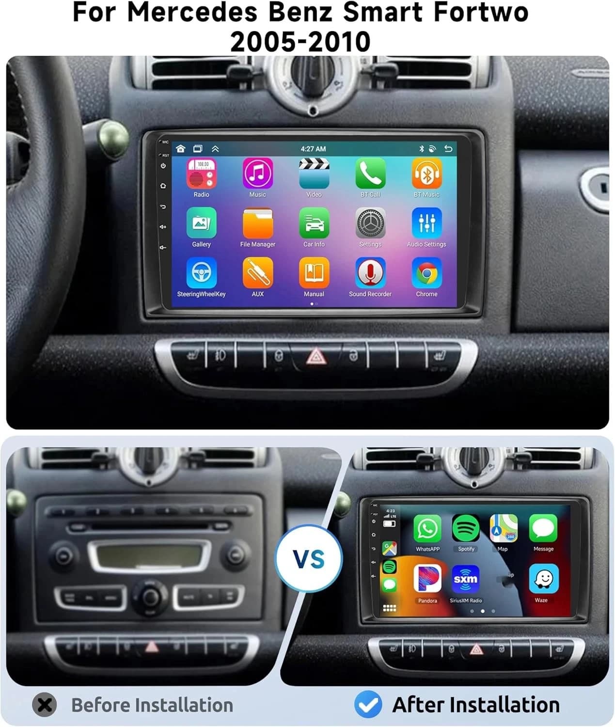 Android14 9inch 2+32G fit for Carplay Navigation GPS For Benz Smart Fortwo 2005-2010 WIFI Car Radio Multimedia Player System DSP