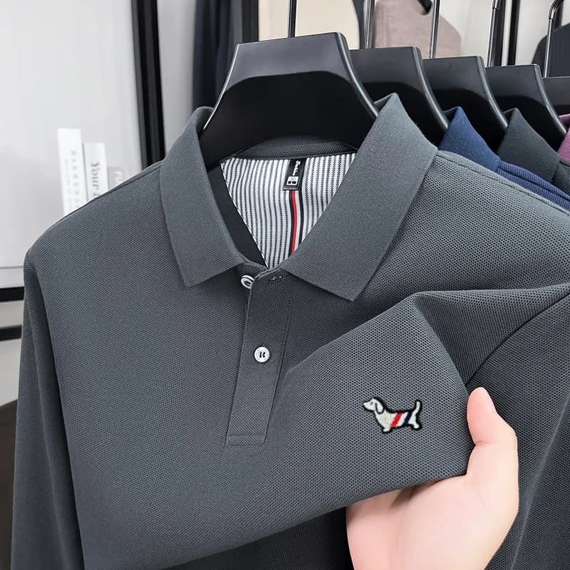 Polo a maniche lunghe di marca da uomo di lusso di fascia alta autunnale in puro cotone 100% T-shirt da golf con design originale per cani ricamato