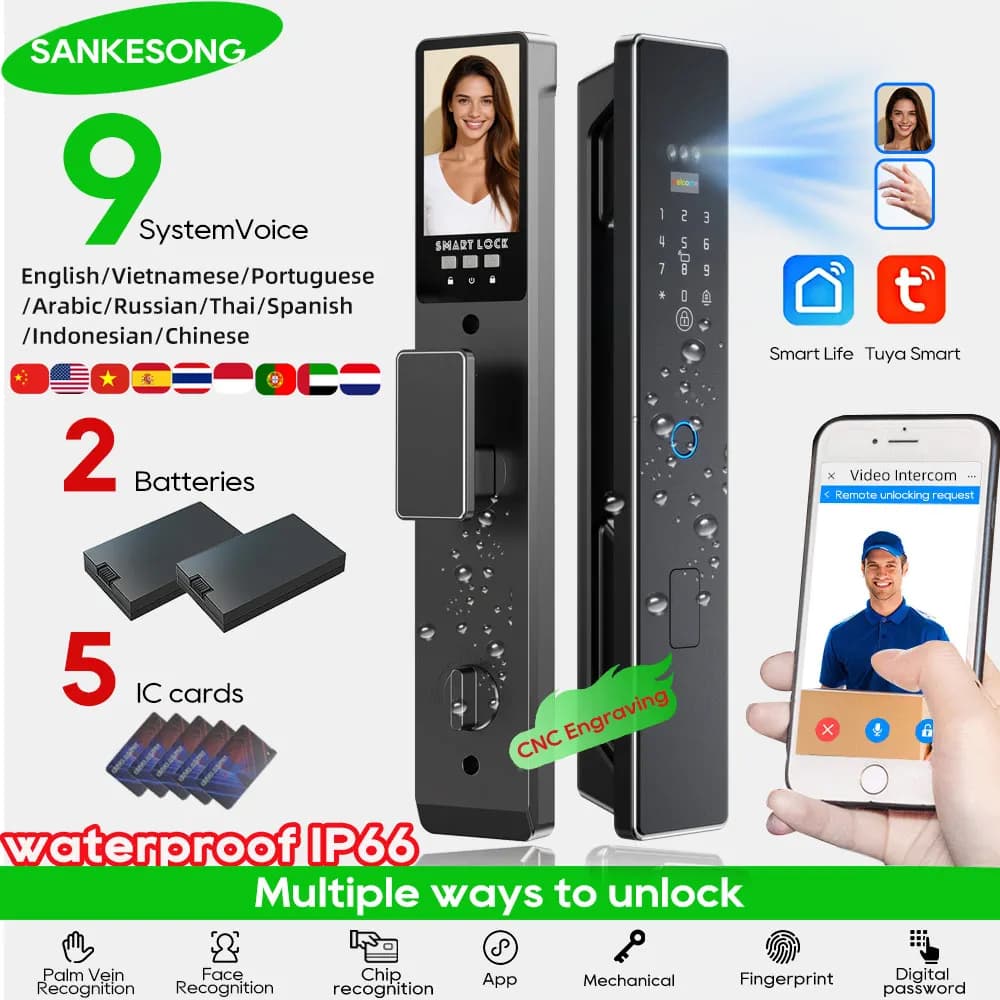 SANKESONG Smart Lock Citofono in tempo reale Telecamera Wifi Impronta digitale Veine di palmo intelligente Riconoscimento facciale 3D Serratura doppia batteria